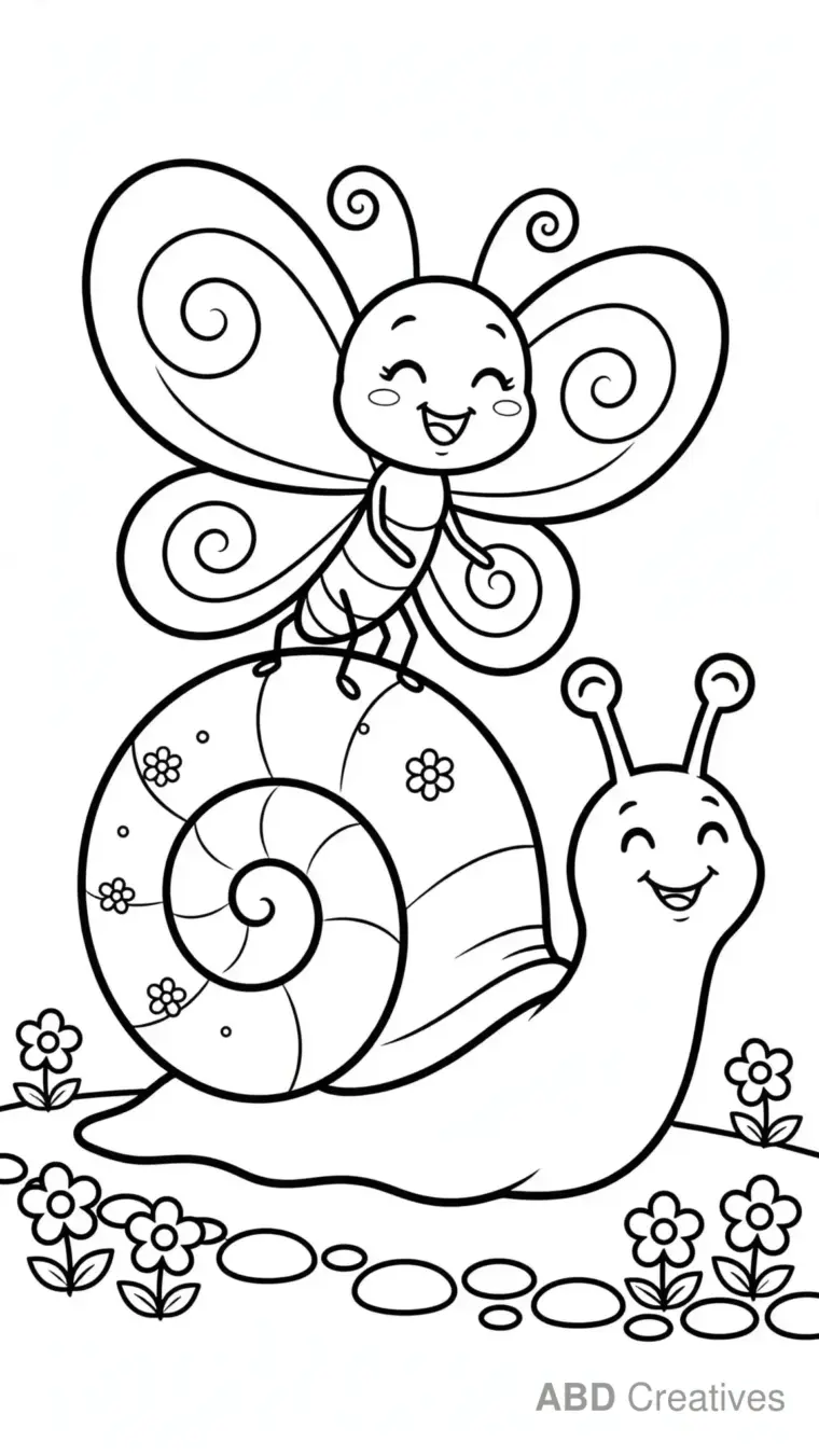 Butterfly Riding a Snail Coloring Page