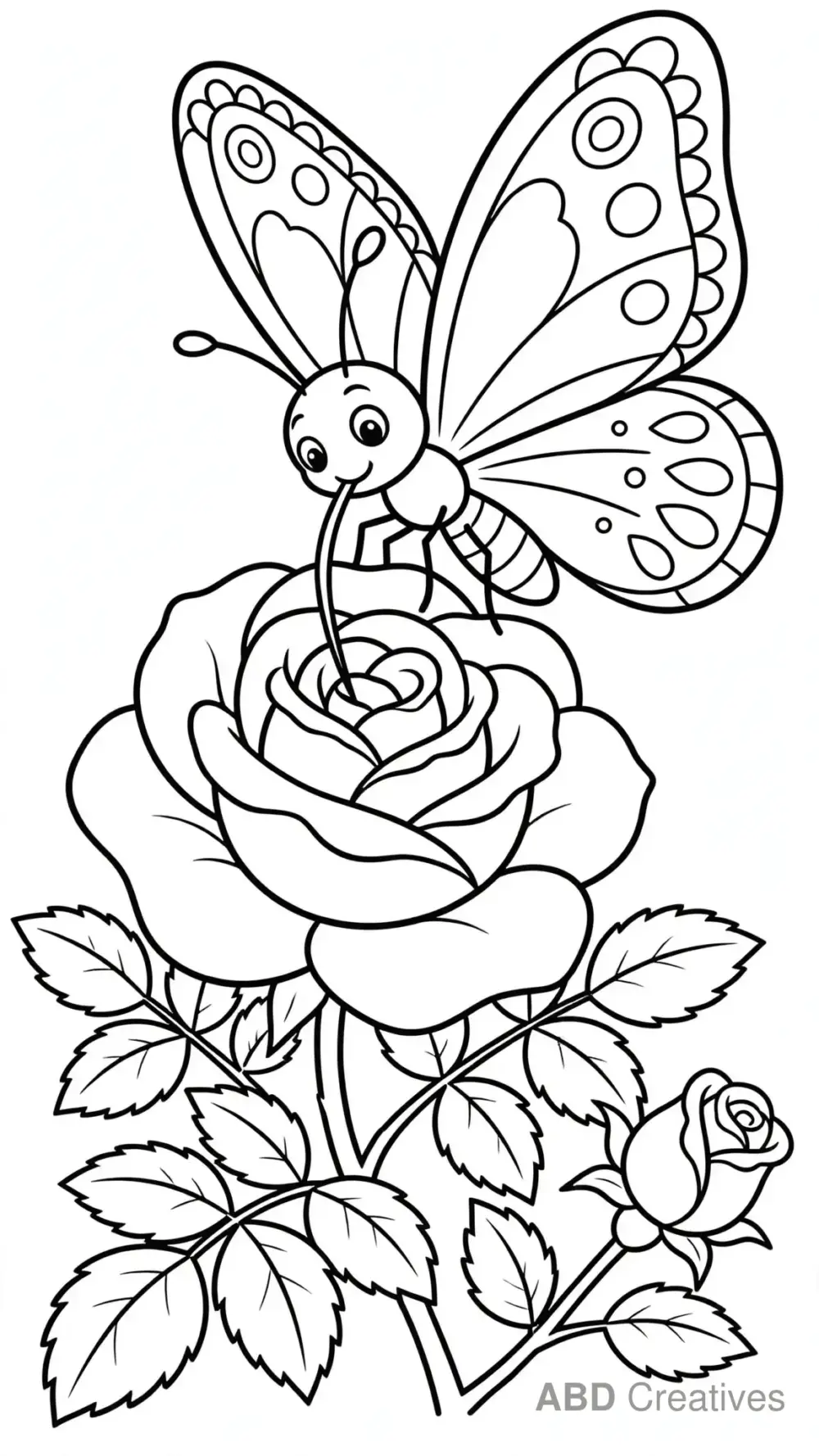 Butterfly Sipping Nectar from a Rose Coloring Page