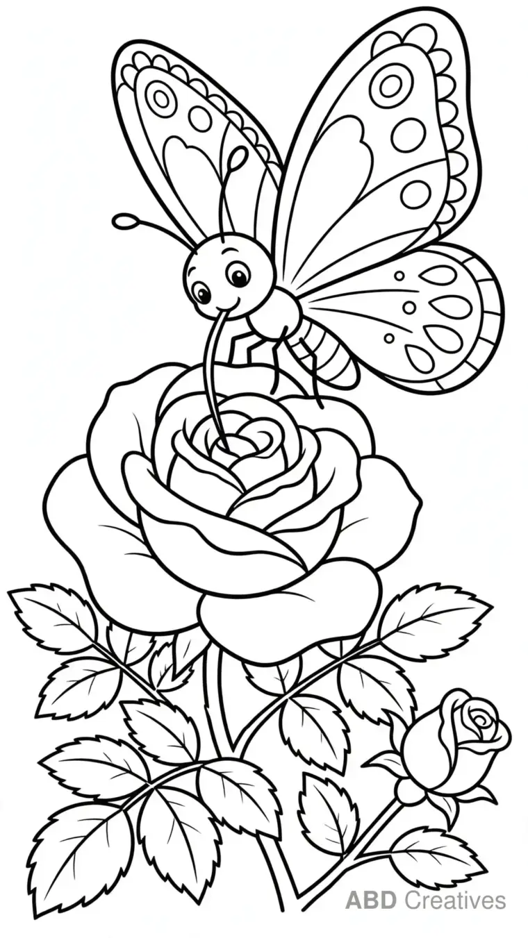 Butterfly Sipping Nectar from a Rose Coloring Page