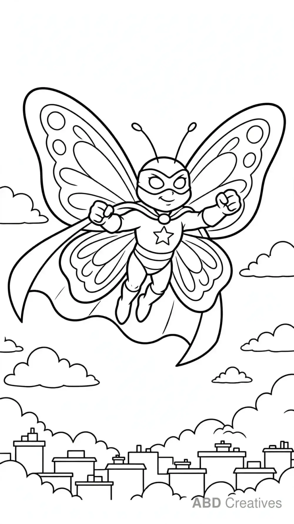 Butterfly Superhero with Cape Coloring Page