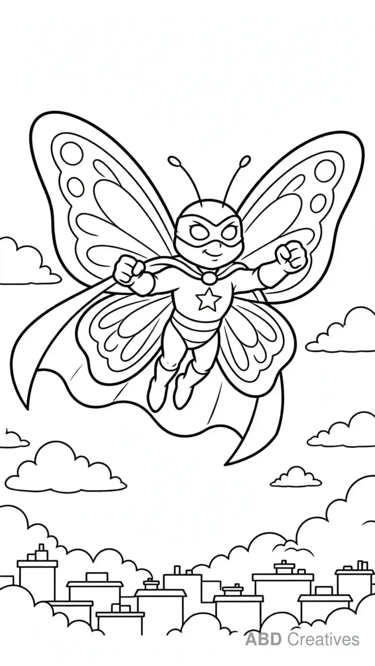 Butterfly Superhero with Cape Coloring Page