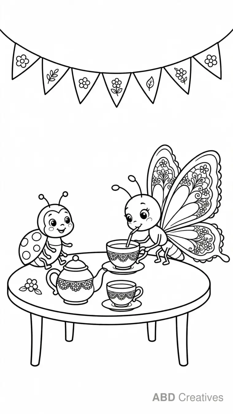 Butterfly Tea Party with Ladybug Coloring Page