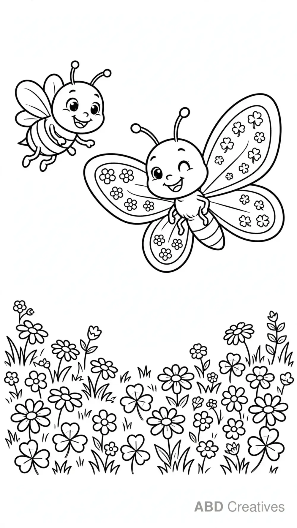 Butterfly and Bee Sharing Flowers Coloring Page