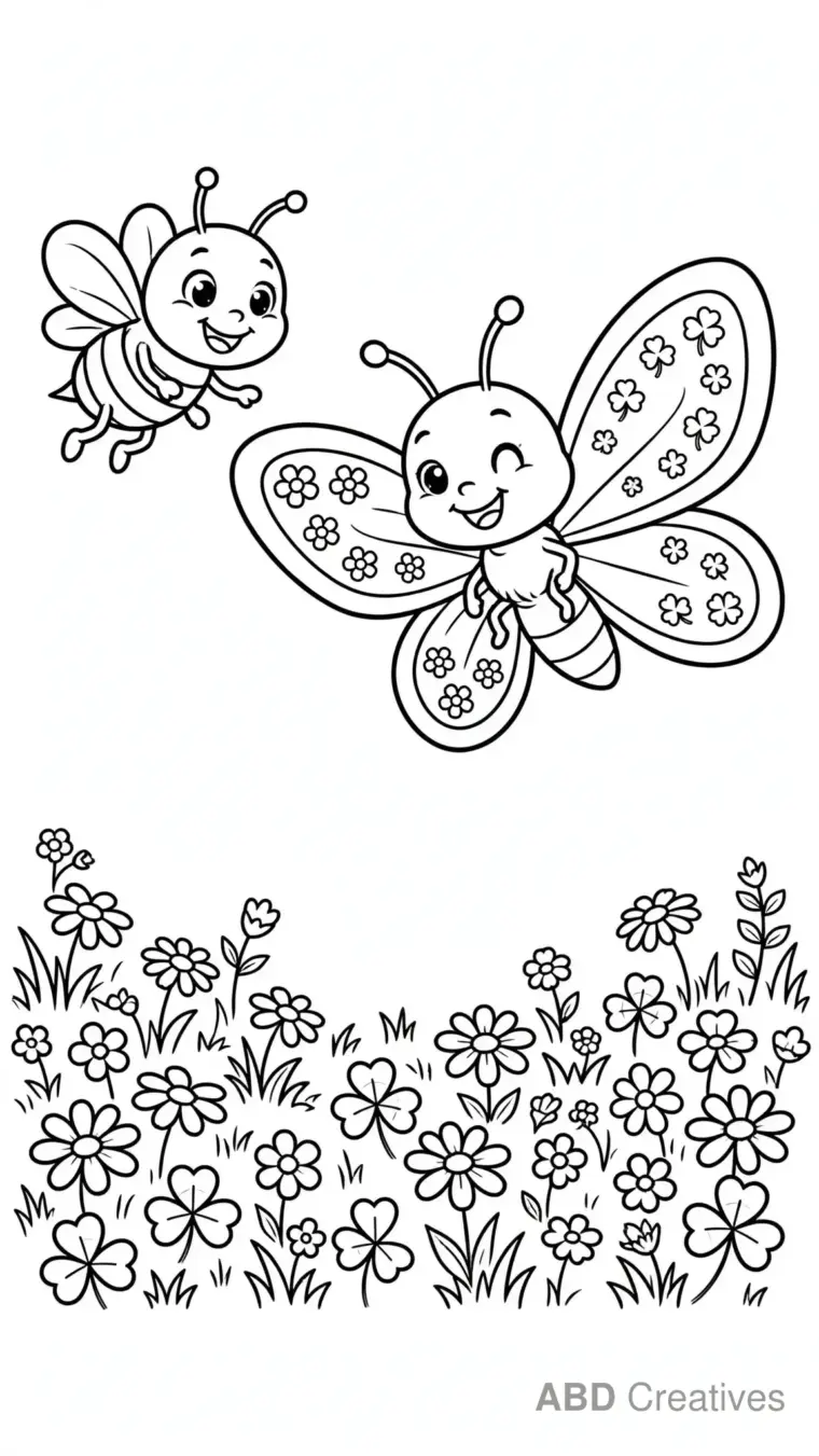 Butterfly and Bee Sharing Flowers Coloring Page