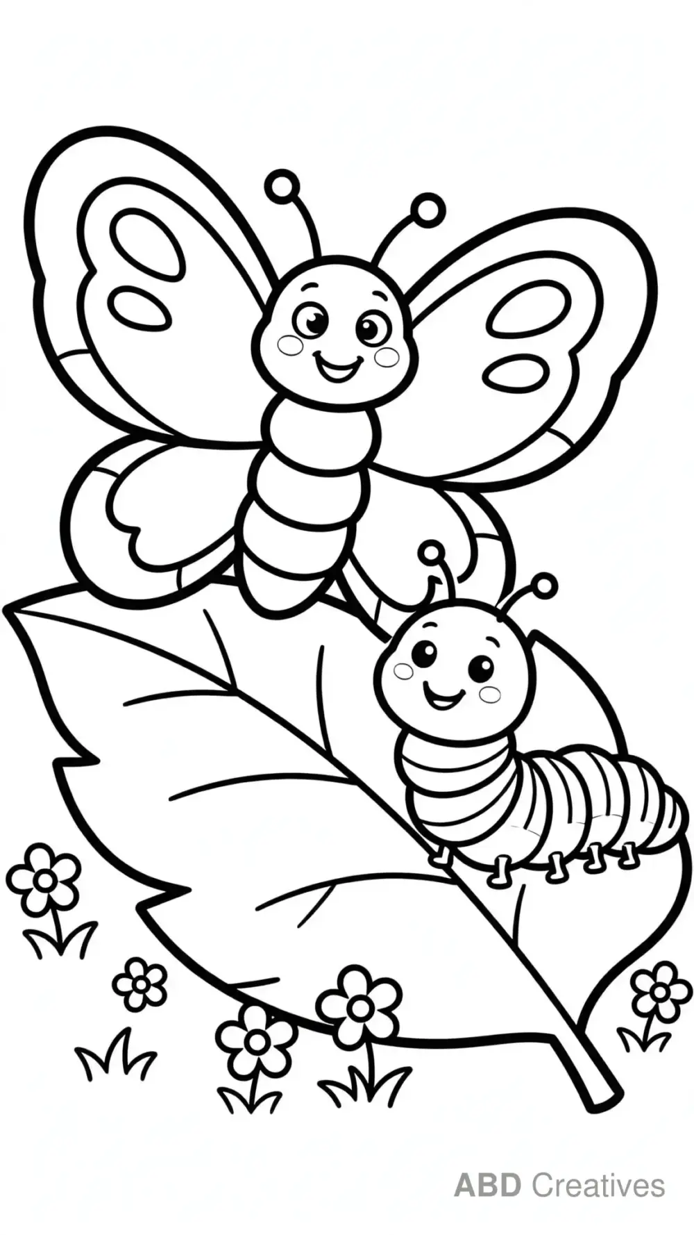 Butterfly and Caterpillar Friends Coloring Page