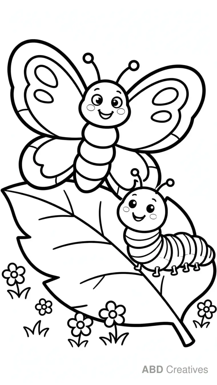 Butterfly and Caterpillar Friends Coloring Page