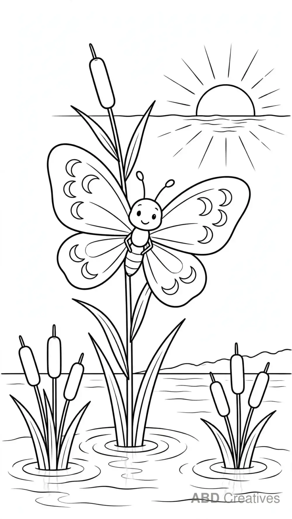 Butterfly at Sunset by a Pond Coloring Page
