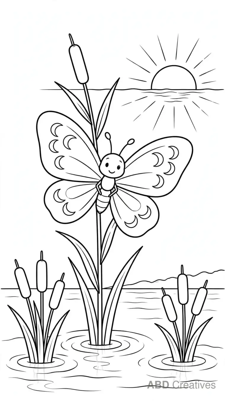 Butterfly at Sunset by a Pond Coloring Page