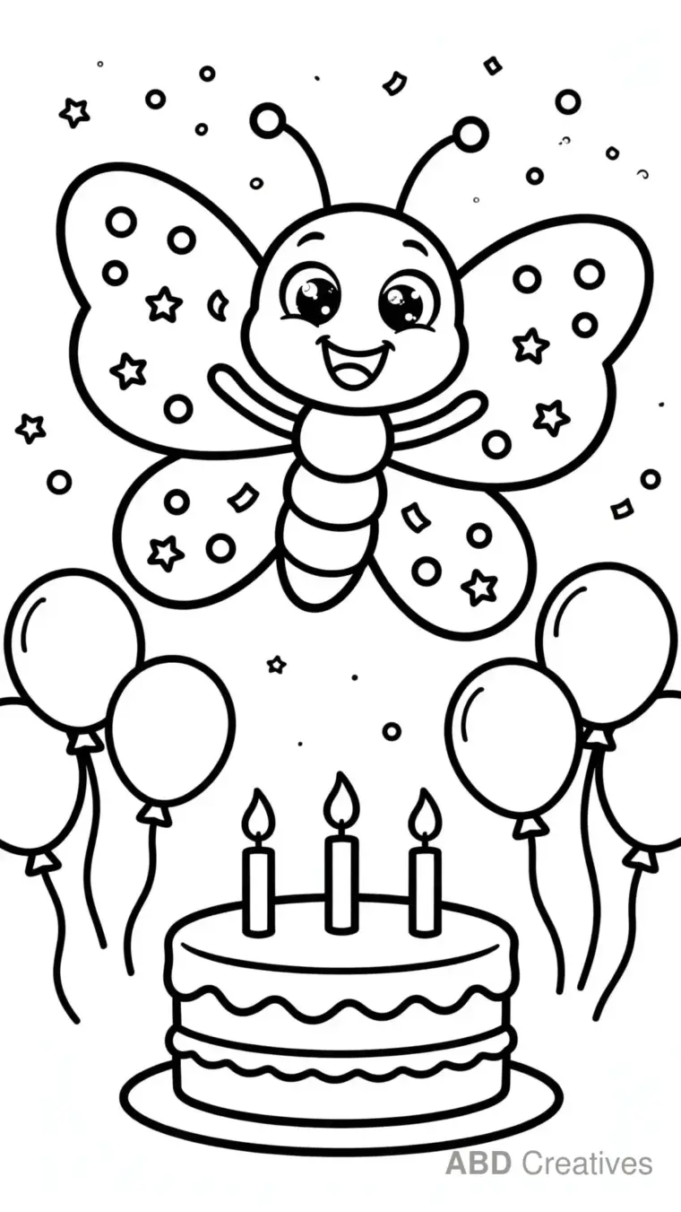 Butterfly at a Birthday Party Coloring Page