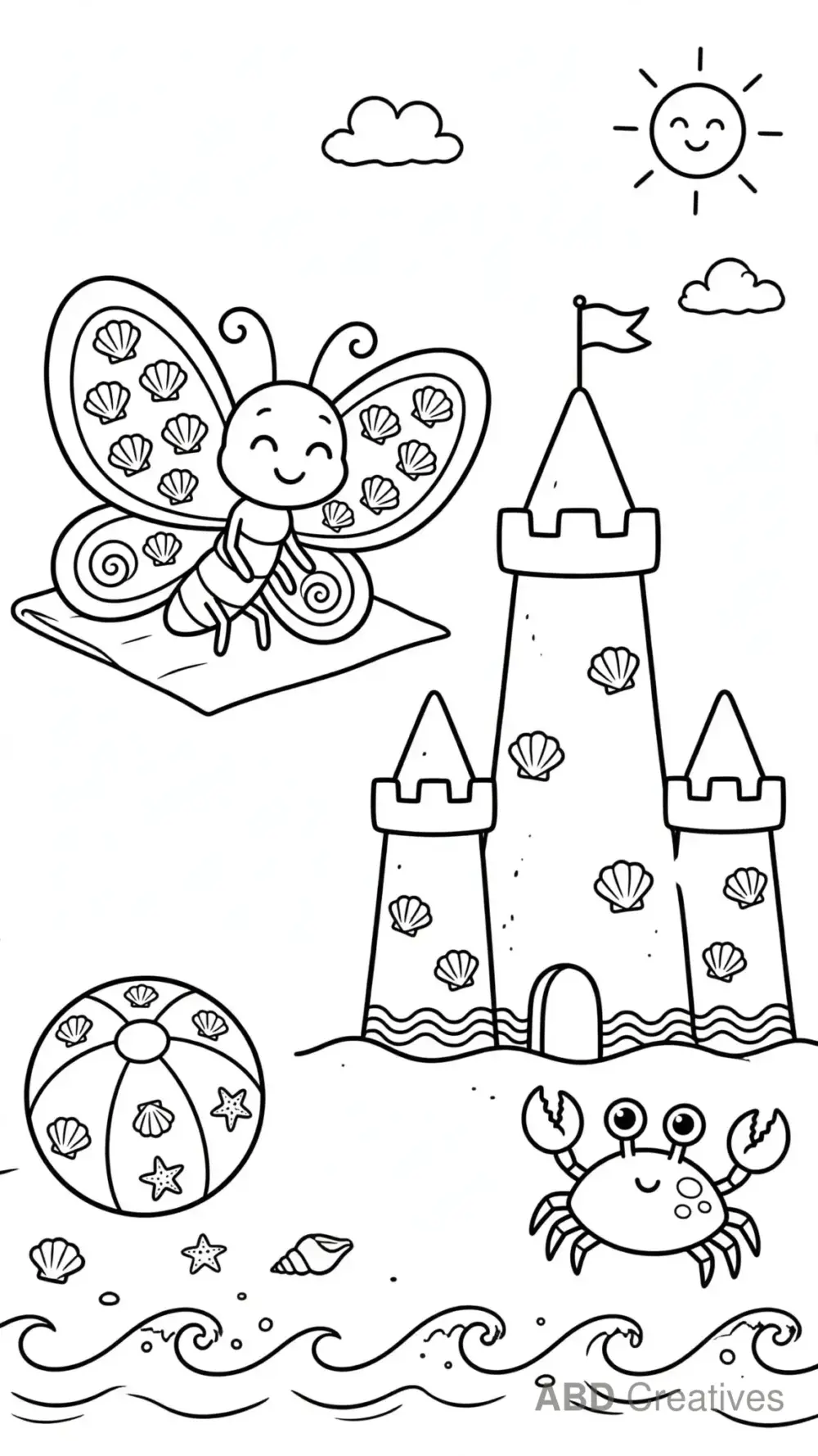 Butterfly at the Beach with a Sandcastle Coloring Page