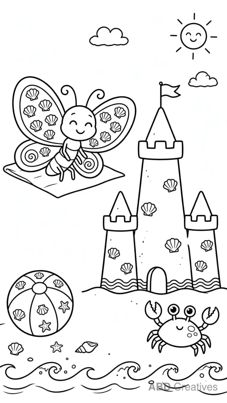 Butterfly at the Beach with a Sandcastle Coloring Page