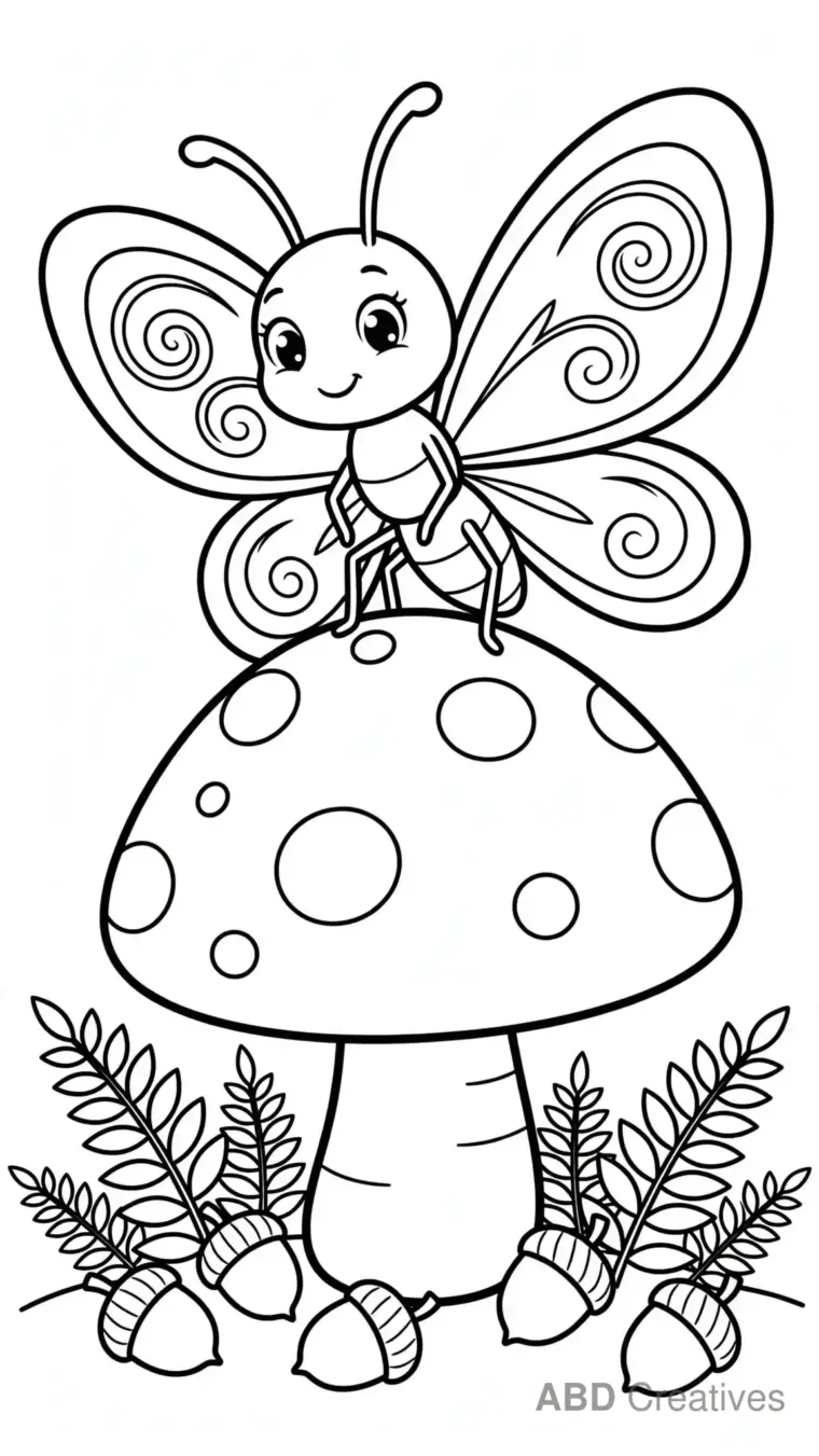 Butterfly on a Mushroom in the Forest Coloring Page