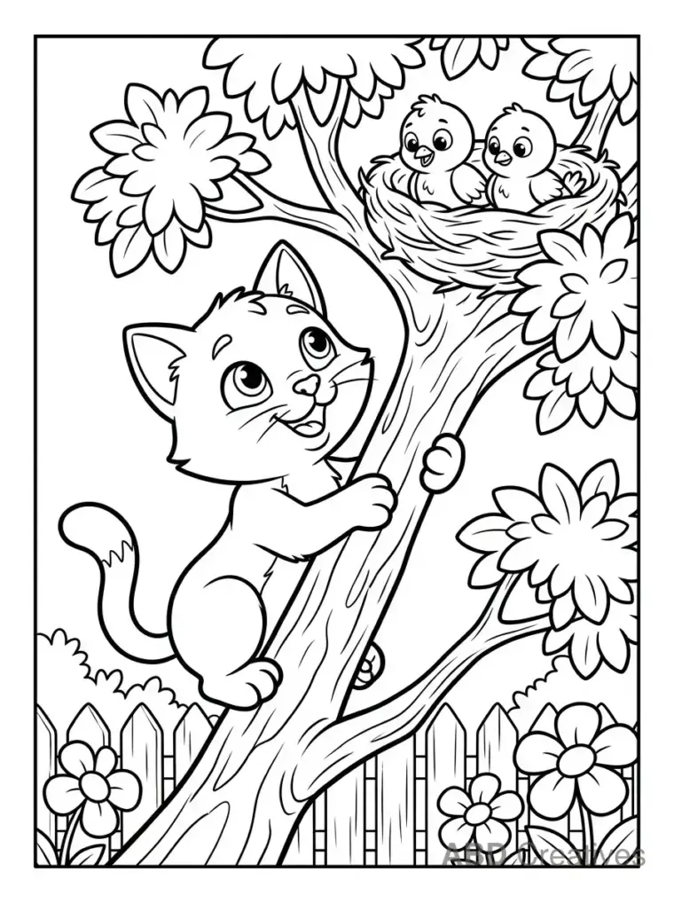 Cat Climbing a Tree Branch Coloring Page