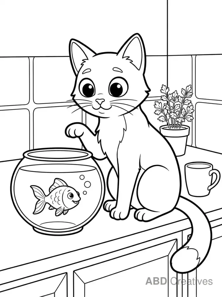 Cat Gazing at a Goldfish Bowl Coloring Page