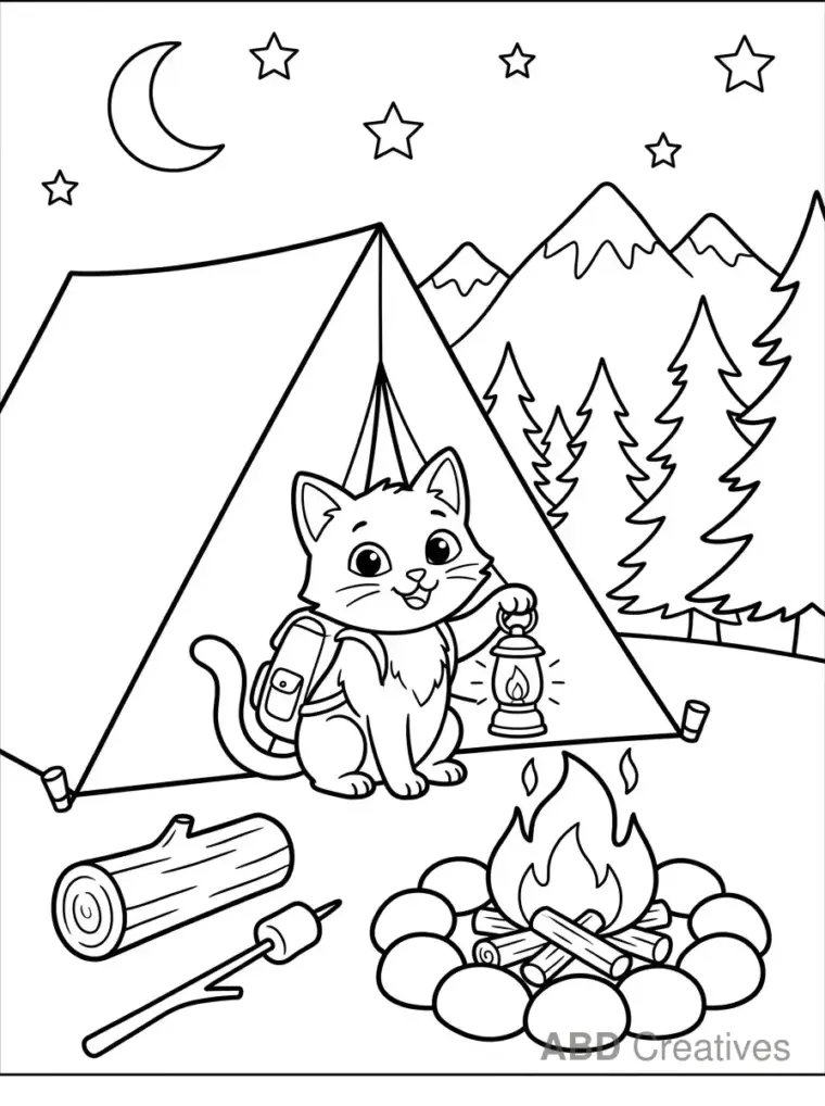 Cat Holding a Lantern at a Campsite Coloring Page