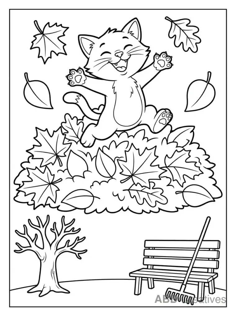 Cat Jumping Into Leaves Coloring Page