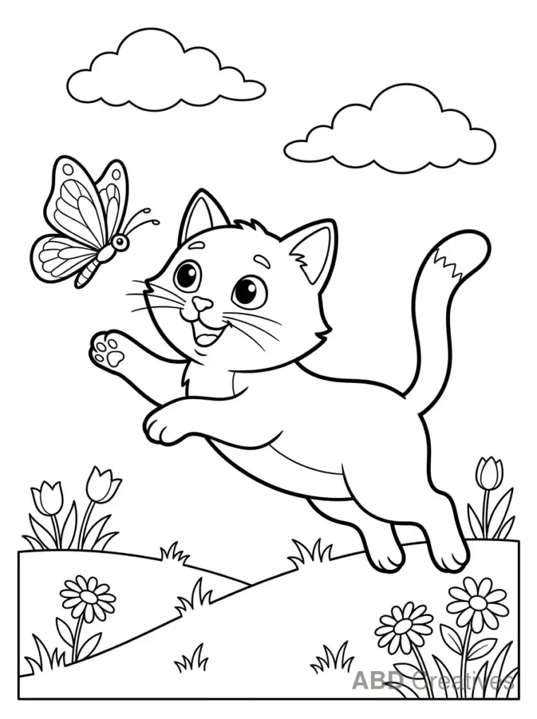Cat Leaping Toward a Butterfly Coloring Page