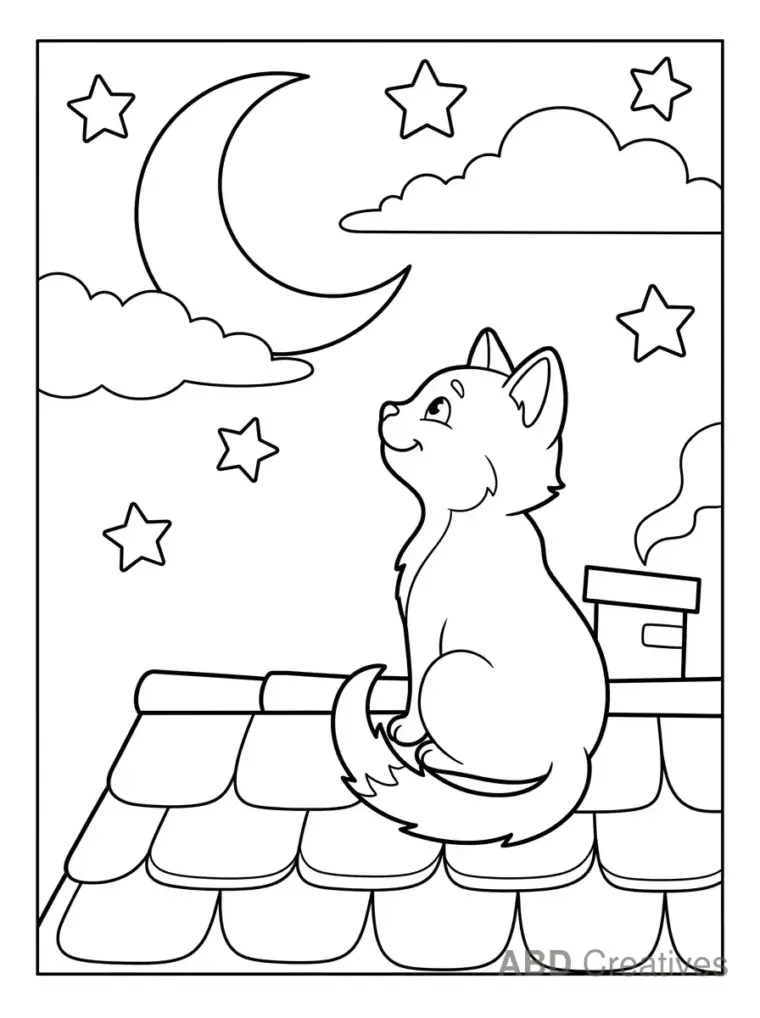 Cat Looking at the Moon Coloring Page