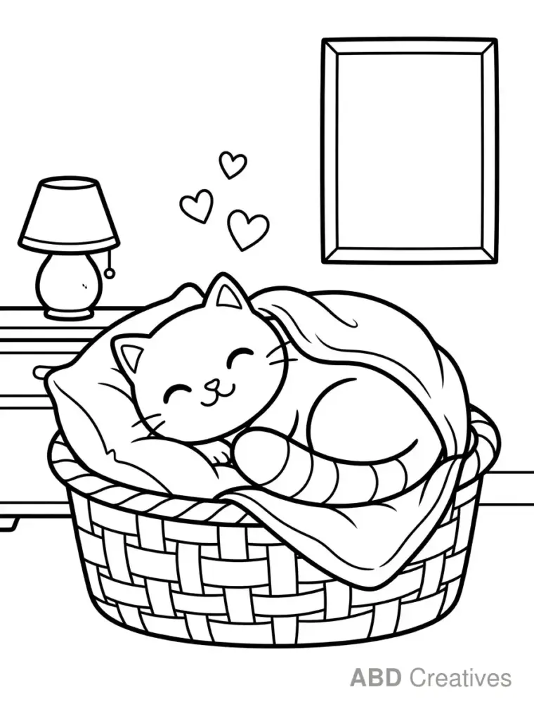 Cat Sleeping in a Basket Coloring Page