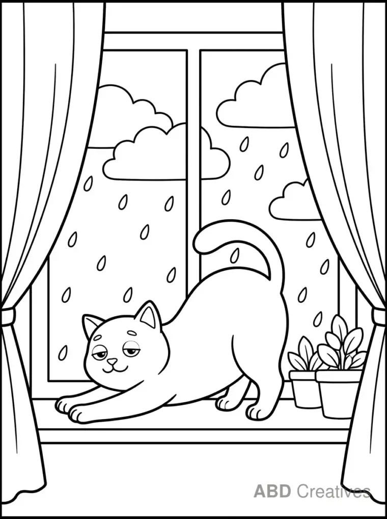 Cat Stretching on a Windowsill Coloring Page