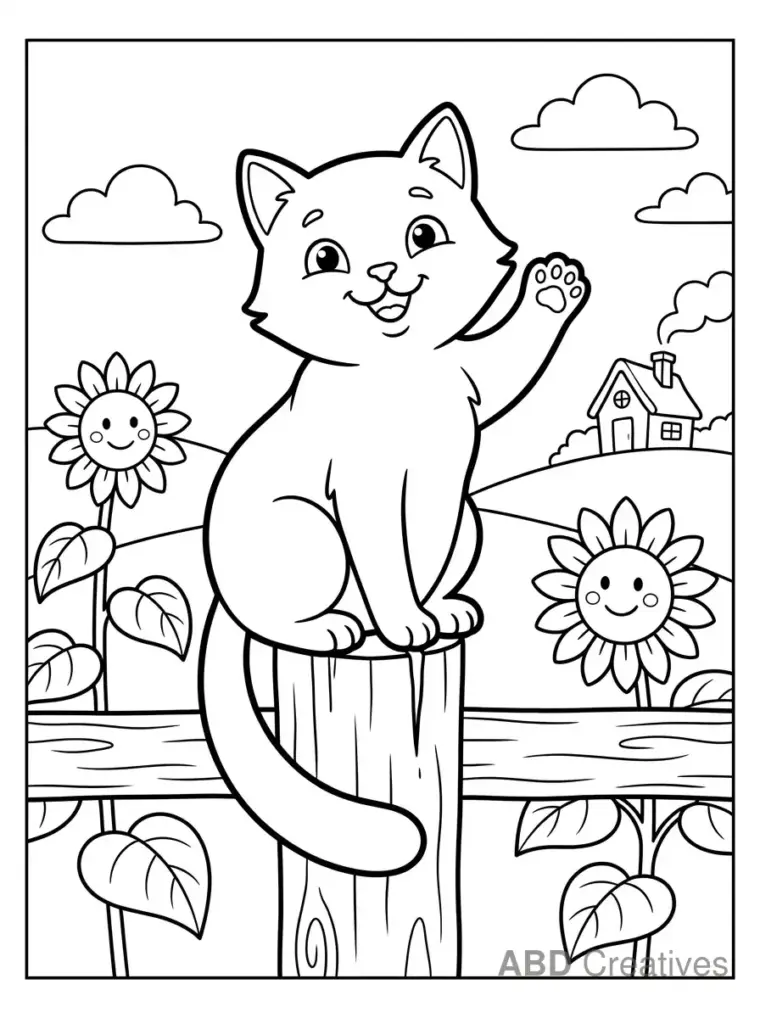 Cat Waving on a Wooden Fence Coloring Page