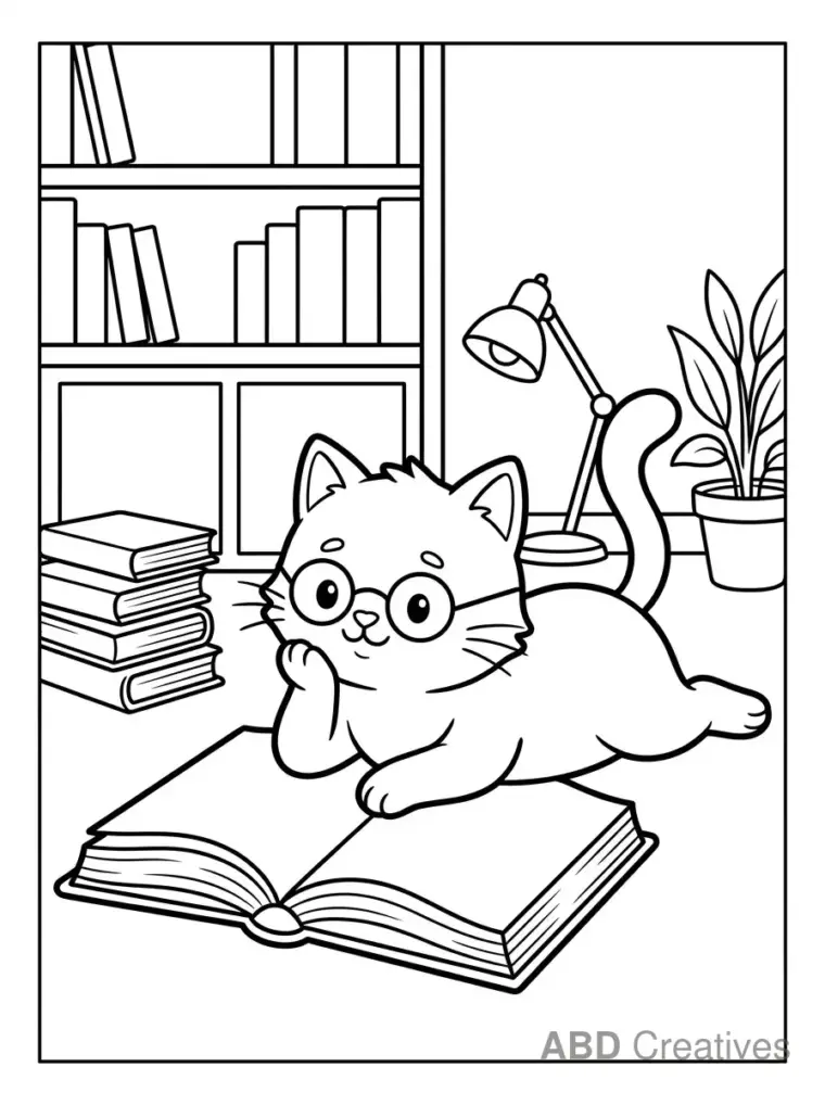 Cat Wearing Glasses on a Book Coloring Page