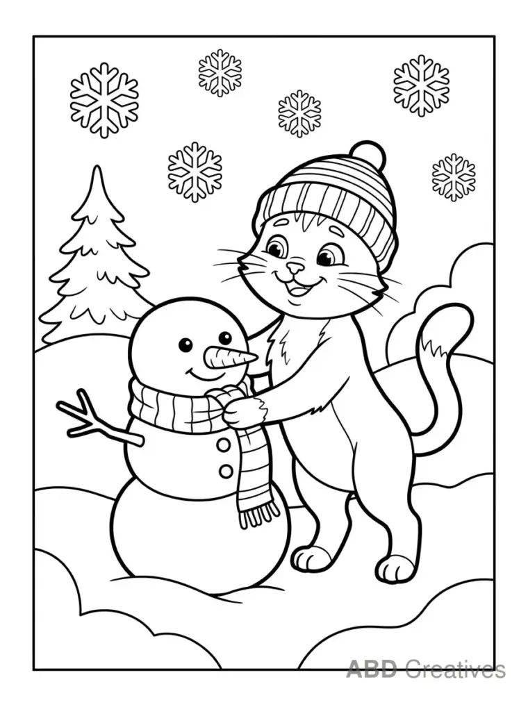 Cat Wrapping a Scarf Around a Snowman Coloring Page