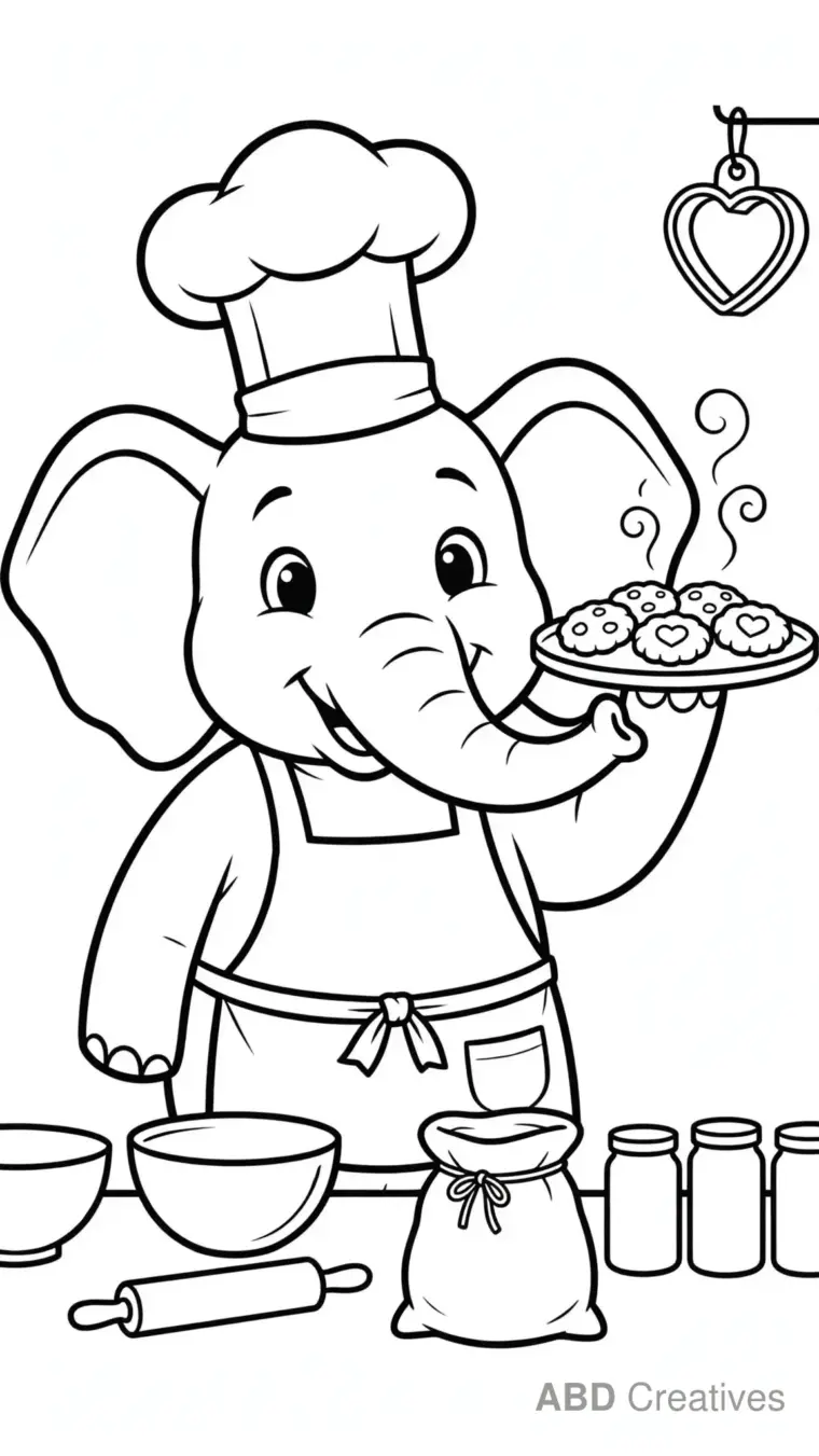 Chef Elephant Baking Cookies Coloring Page