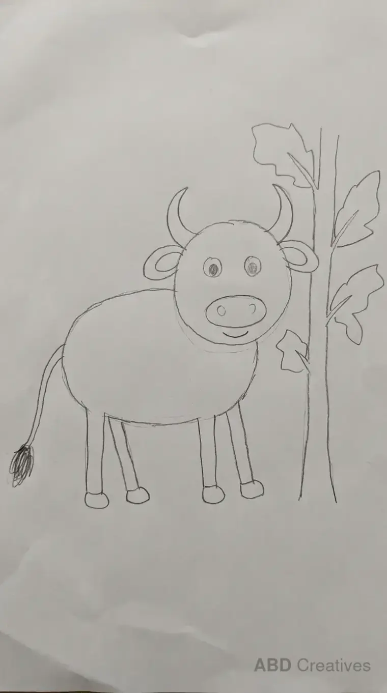 Child Drawing of Buffalo and Tree