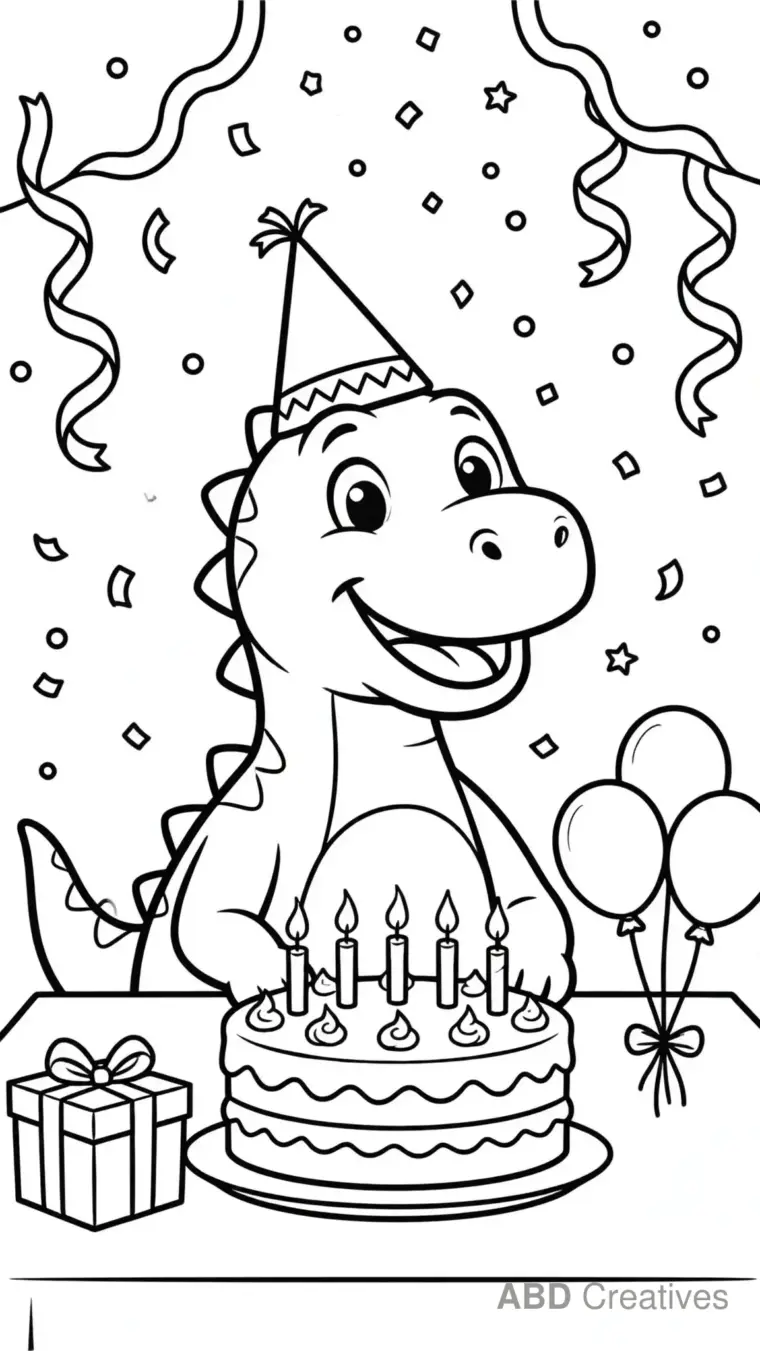 Dinosaur Birthday Party with Cake Coloring Page