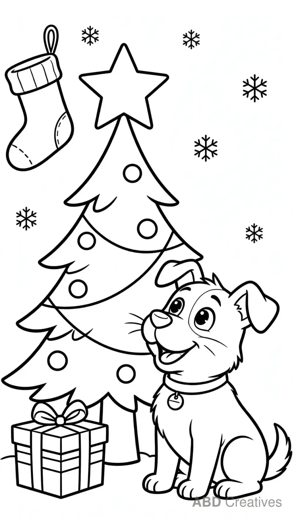 Dog Beside the Christmas Tree Coloring Page