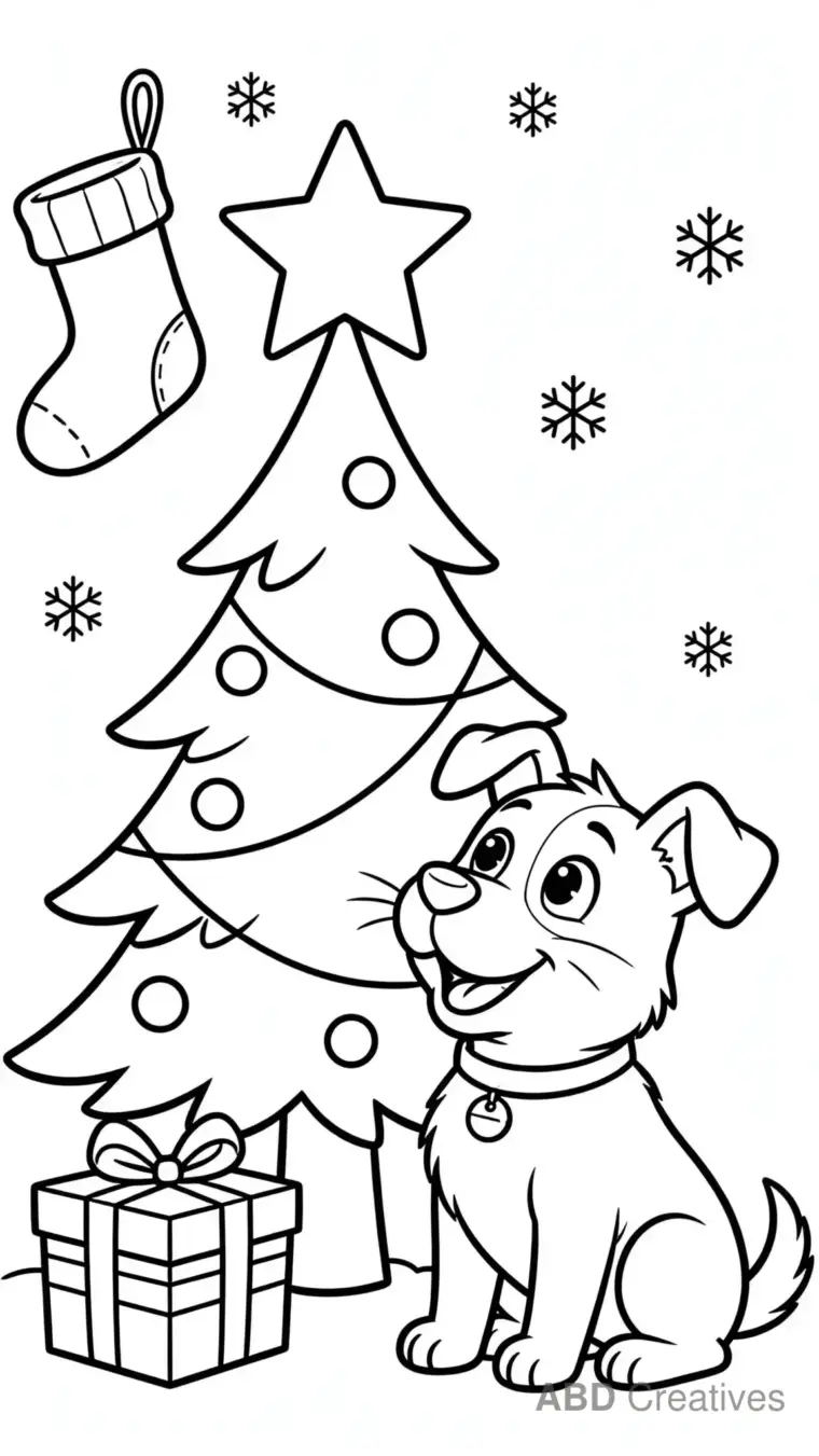 Dog Beside the Christmas Tree Coloring Page