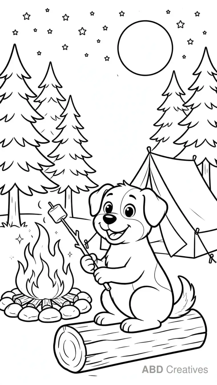 Dog Camping Under the Stars Coloring Page