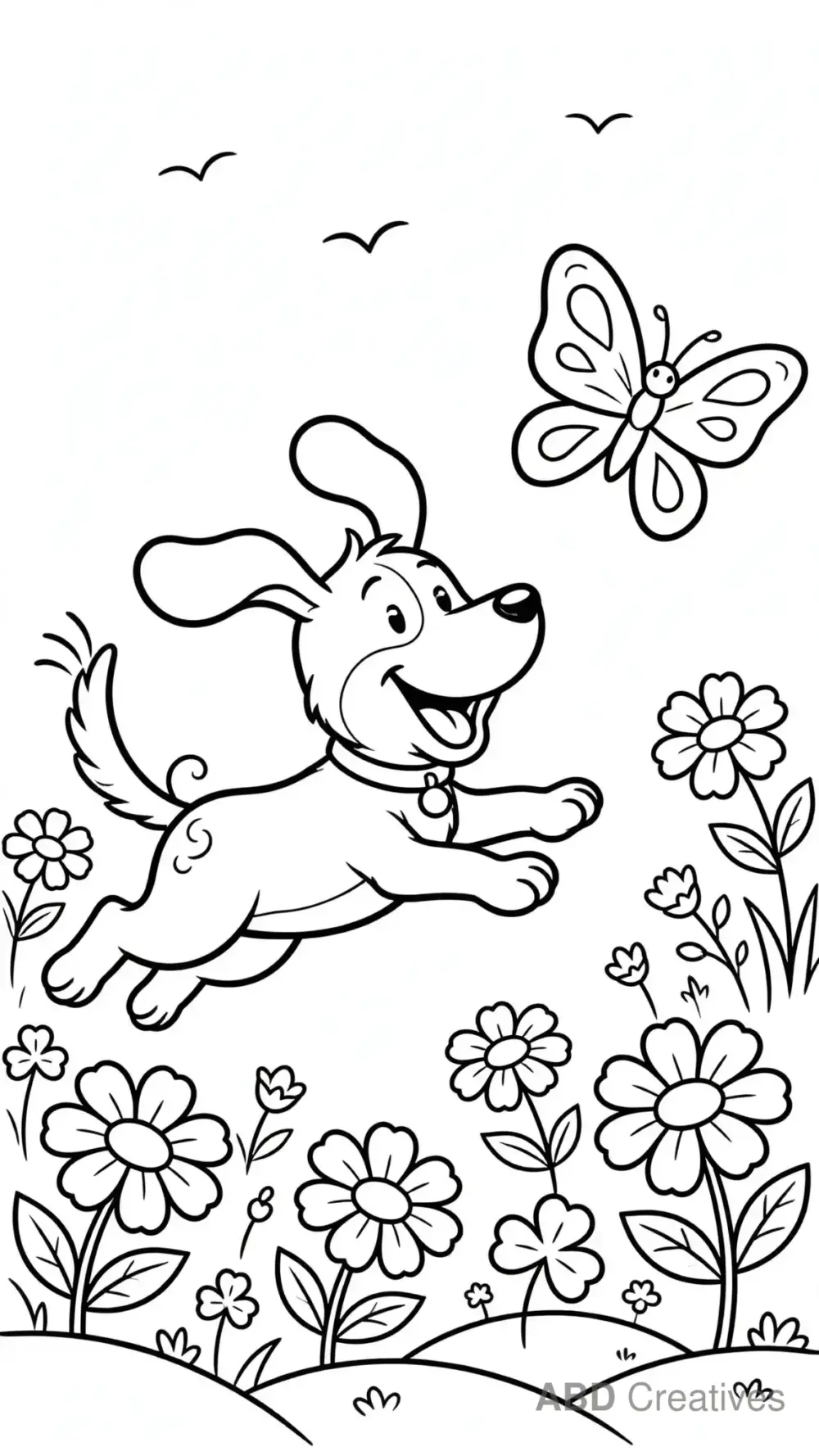 Dog Chasing a Butterfly in the Meadow Coloring Page