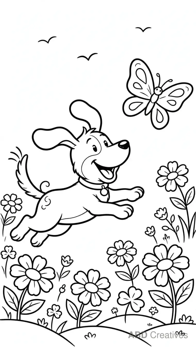 Dog Chasing a Butterfly in the Meadow Coloring Page