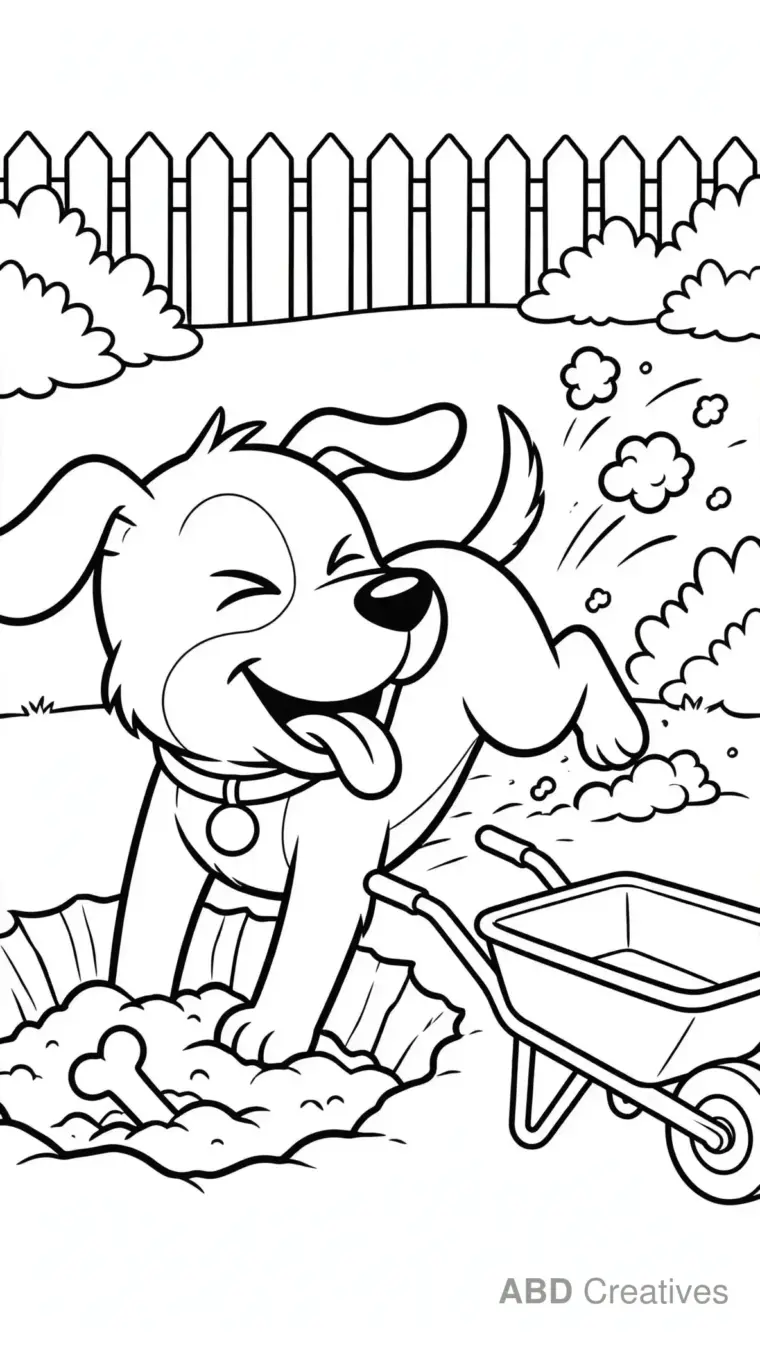 Dog Digging in the Backyard Coloring Page