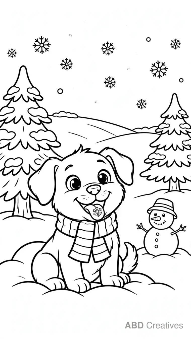 Puppy’s First Snow Day Coloring Page