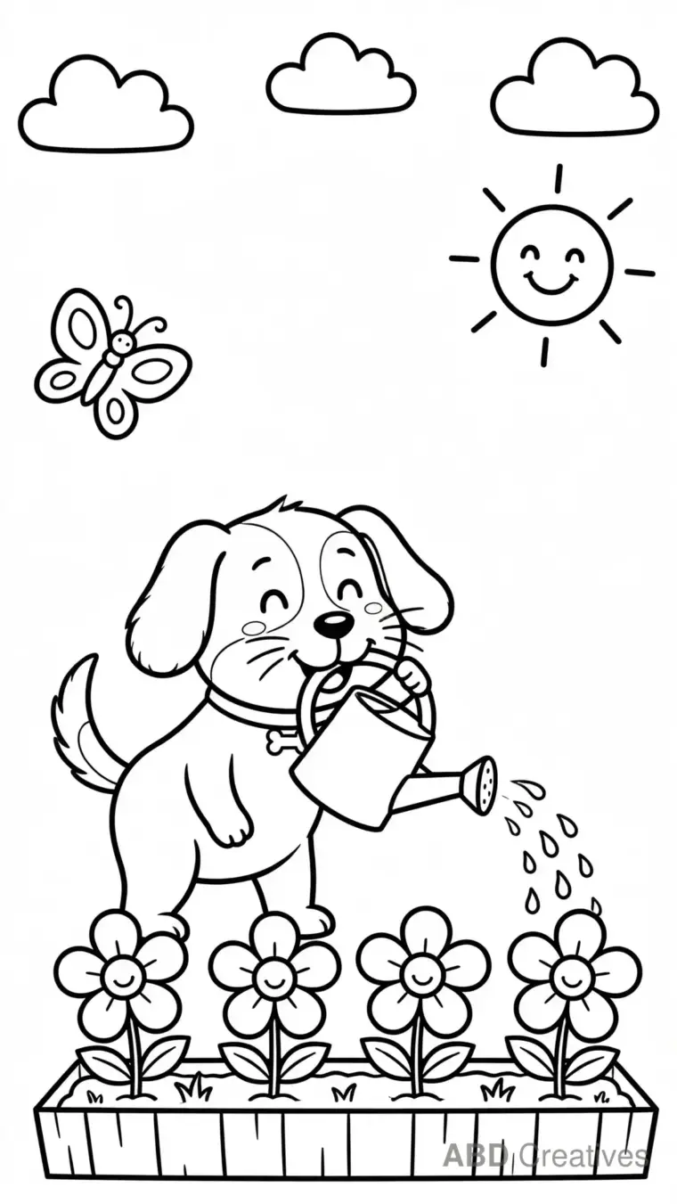 Gardener Dog Watering Flowers Coloring Page