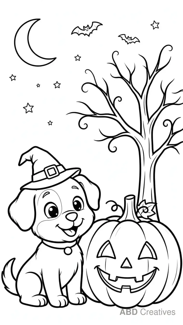 Halloween Puppy with a Pumpkin Coloring Page