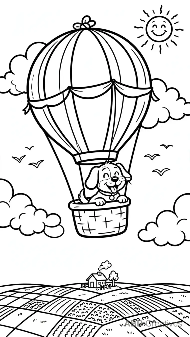 Dog Riding a Hot Air Balloon Coloring Page