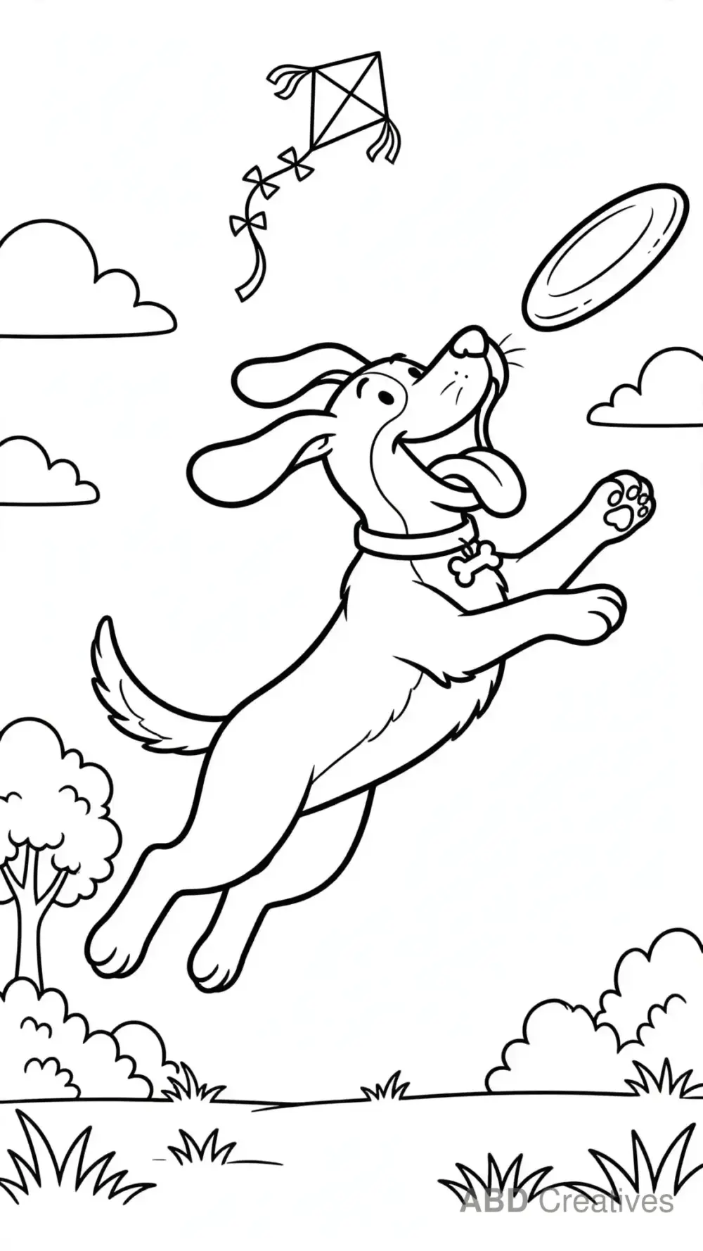 Dog Jumping to Catch a Frisbee Coloring Page