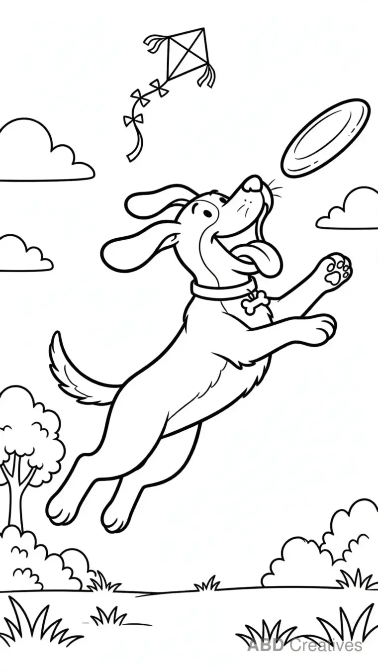 Dog Jumping to Catch a Frisbee Coloring Page