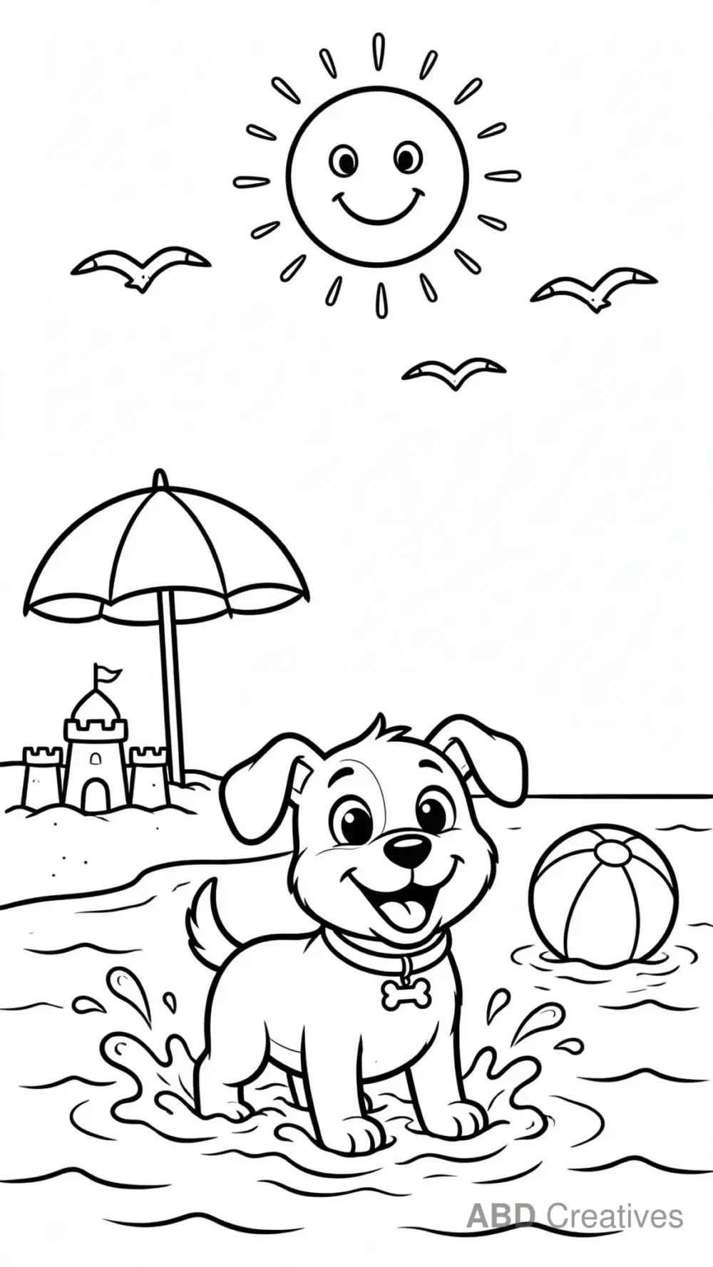 Dog Playing at the Beach Coloring Page