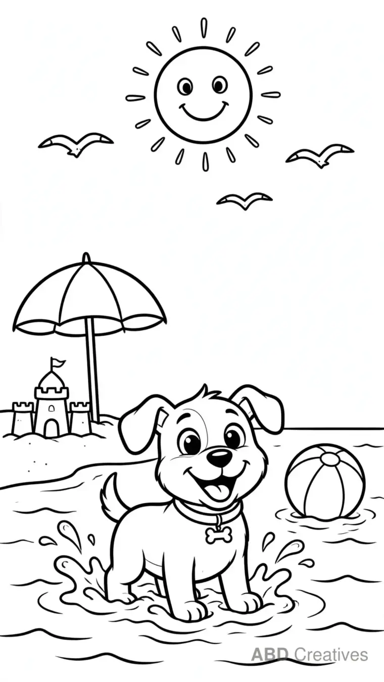 Dog Playing at the Beach Coloring Page