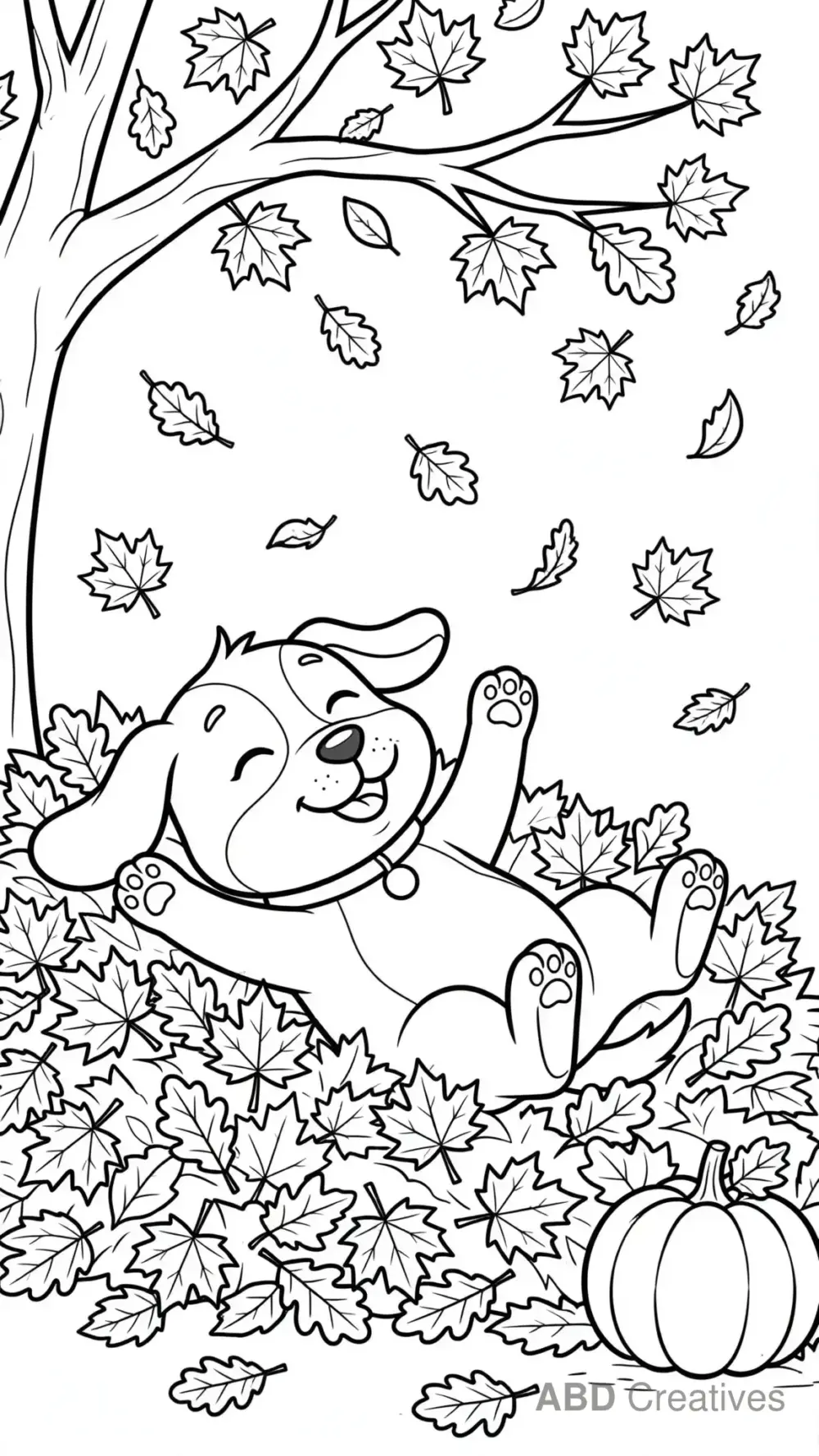 Dog Playing in Autumn Leaves Coloring Page