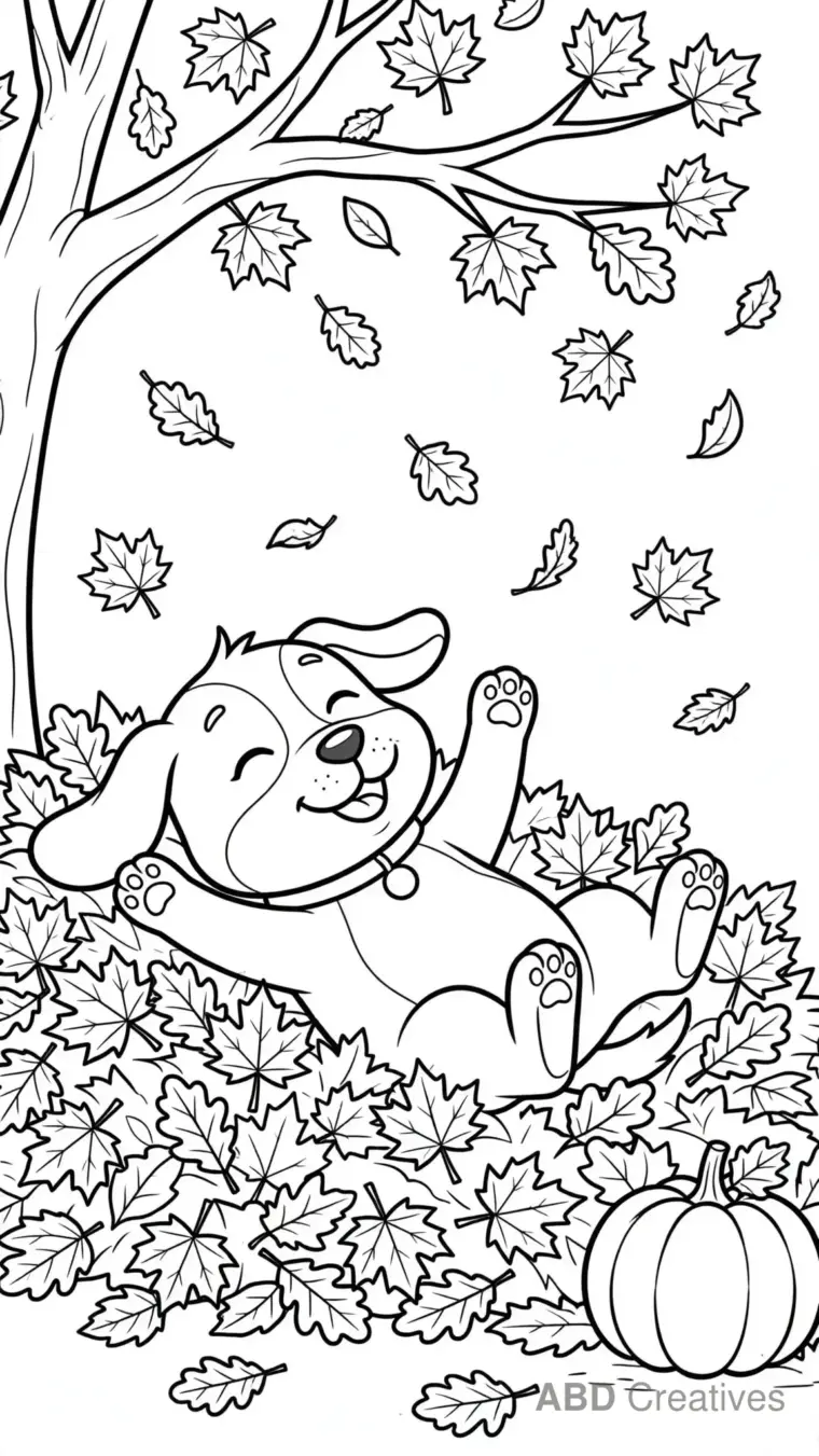 Dog Playing in Autumn Leaves Coloring Page