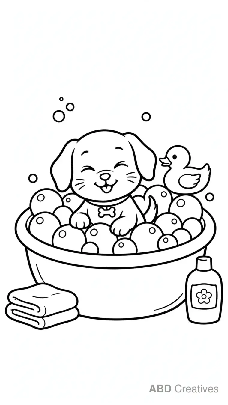 Puppy Bath Time with Bubbles Coloring Page