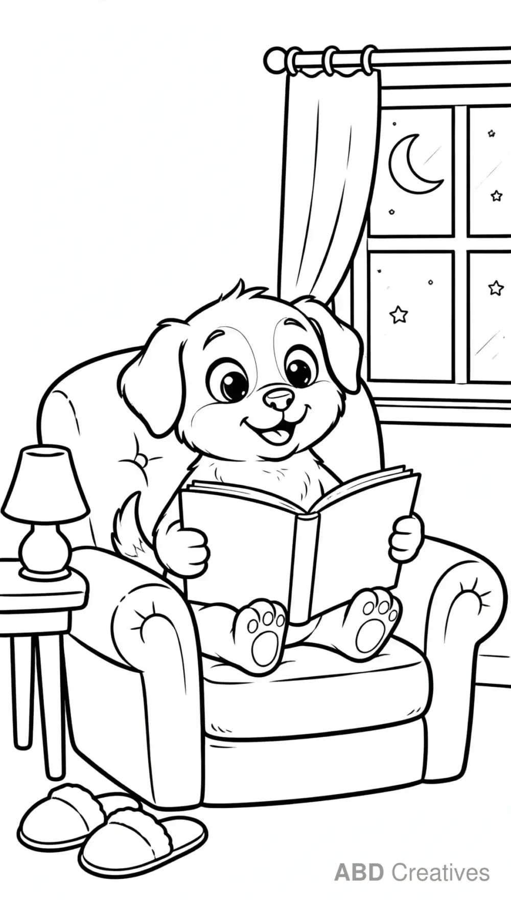 Puppy Reading a Bedtime Story Coloring Page