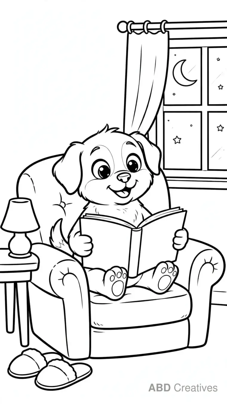 Puppy Reading a Bedtime Story Coloring Page