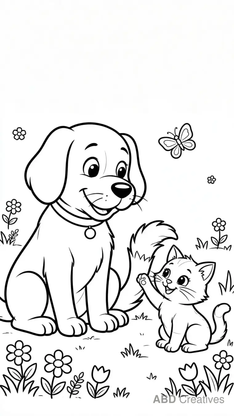 Dog and Kitten Best Friends Coloring Page